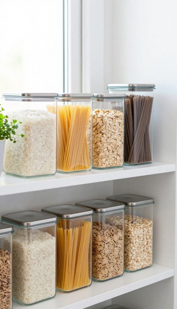 Organized pantry shelf with clear glass containers of grains and pasta, labeled and neatly arranged.