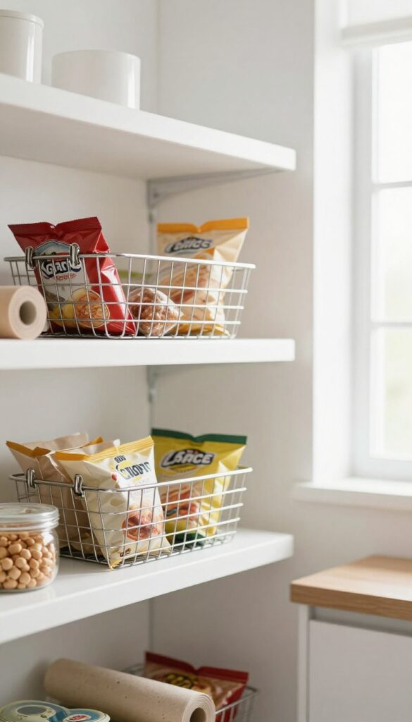 Under-shelf basket clipped to a wire pantry shelf holding snack bags and parchment paper.