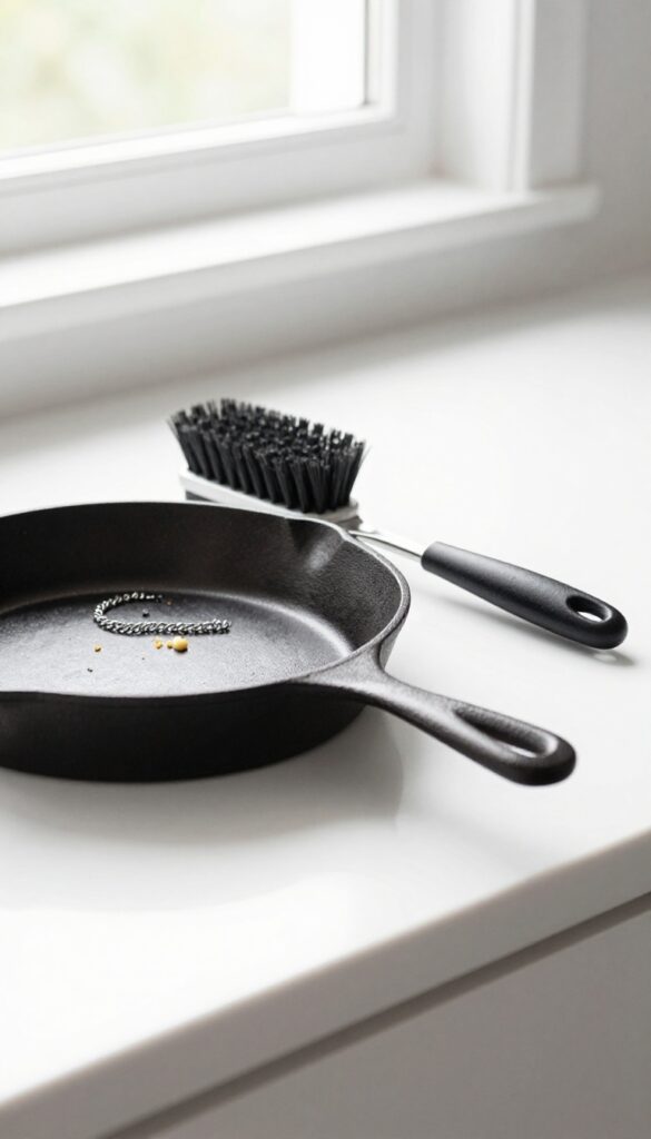 Cast iron skillet with stiff brush and chainmail scrubber on kitchen counter