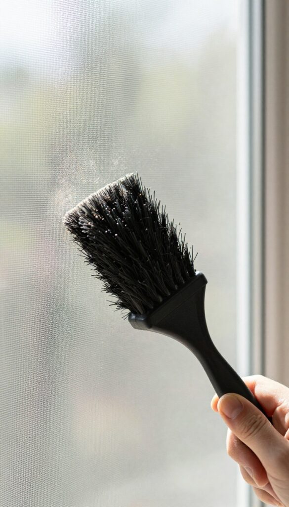 Dry dusting a window screen with a soft brush to remove loose dust and pollen before washing.