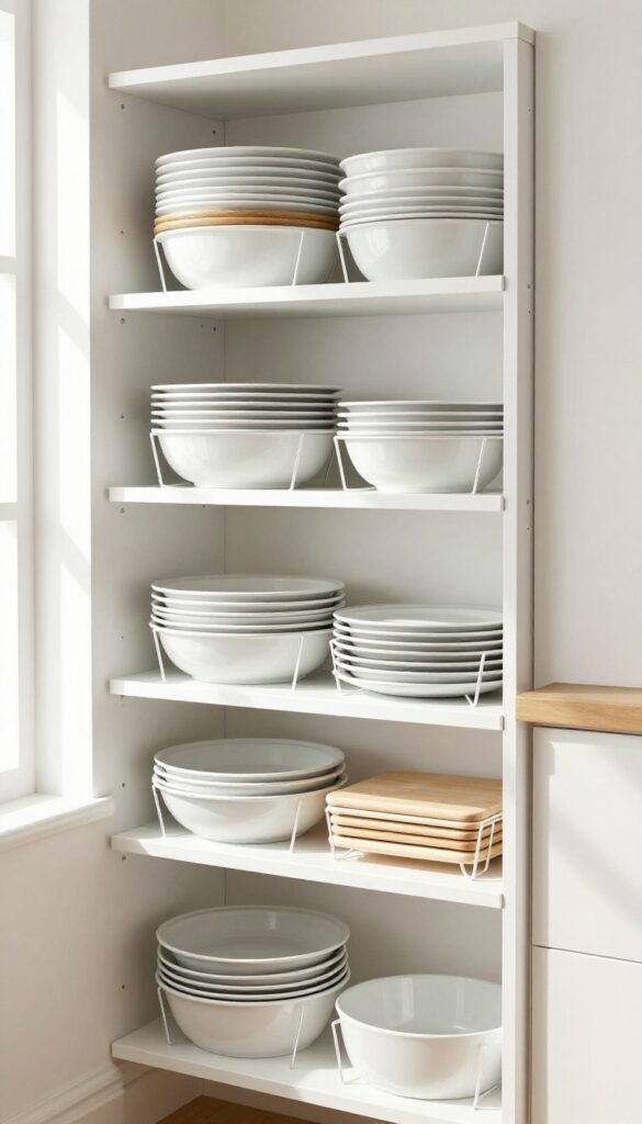 Vertical dividers on a pantry shelf organizing baking sheets and cutting boards upright