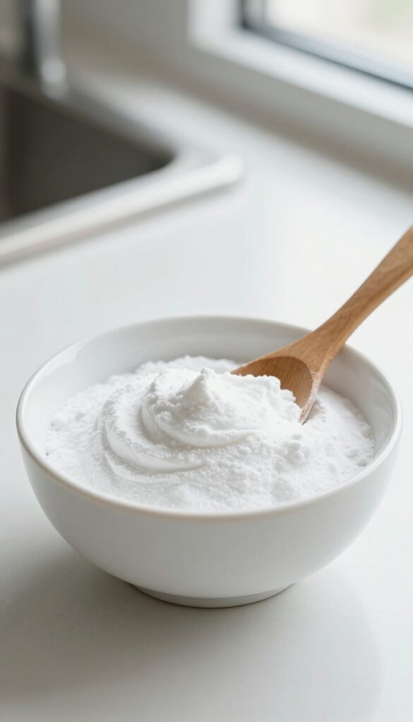 Bowl of baking soda paste on kitchen counter near oven