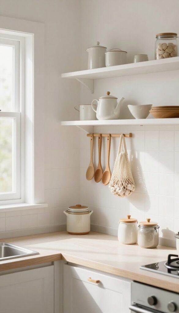 Kitchen with open shelves and a pegboard for hanging storage