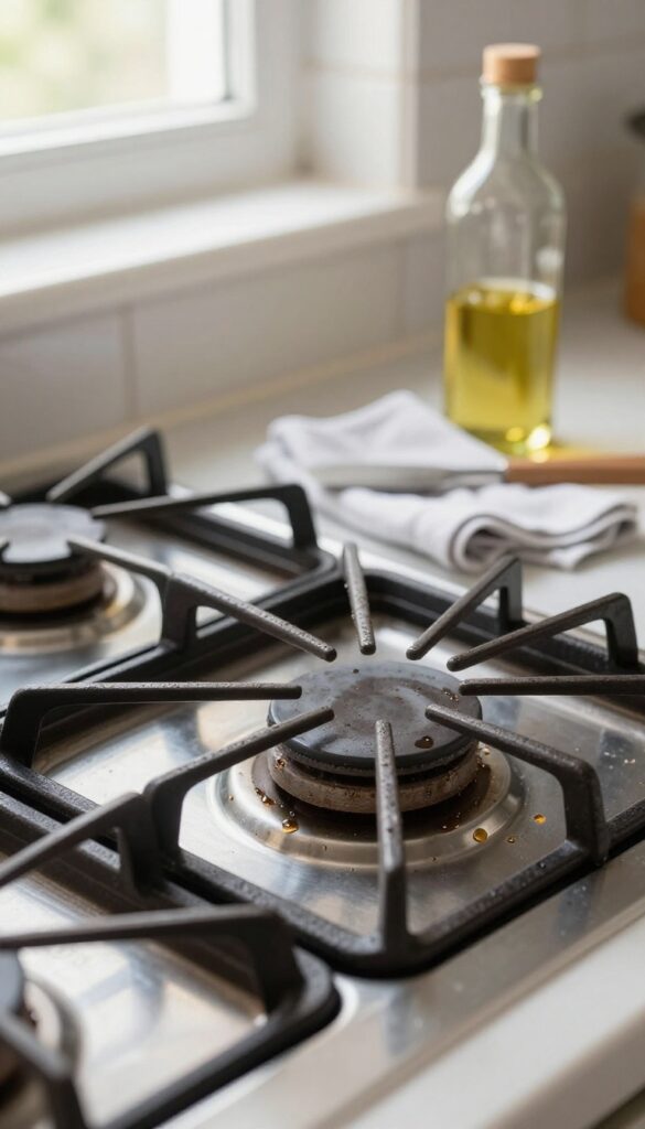 Clean cast iron stove grate with a damp cloth and oil bottle on a kitchen stovetop