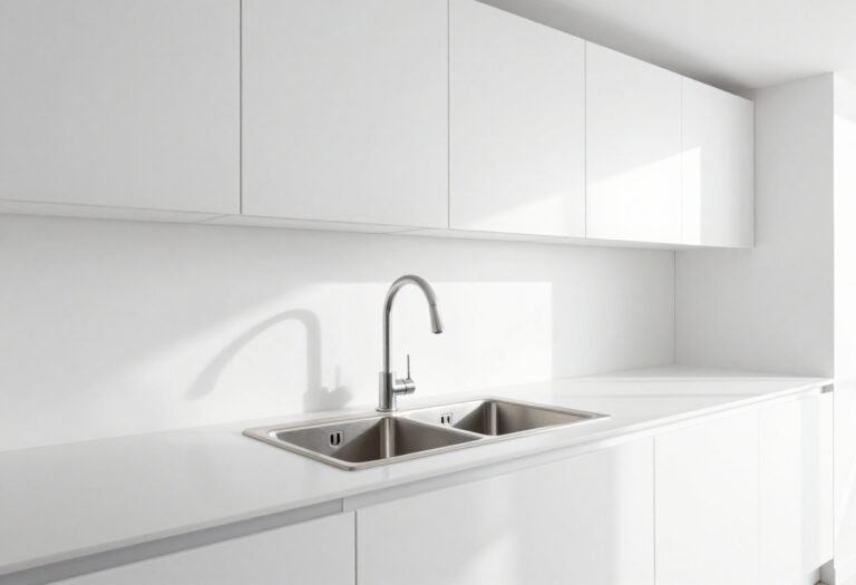 Clean modern kitchen with stainless steel sink and organized countertops