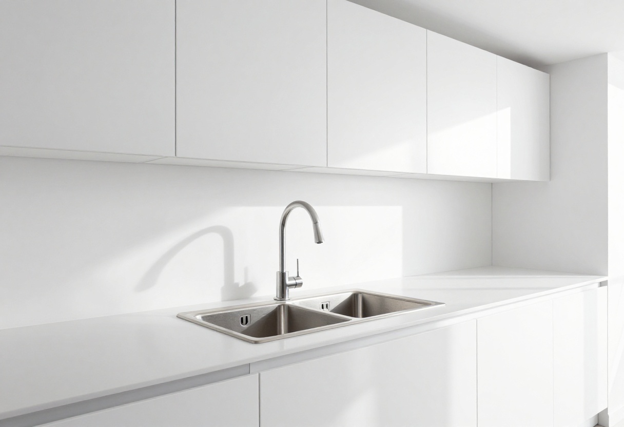 Clean modern kitchen with stainless steel sink and organized countertops