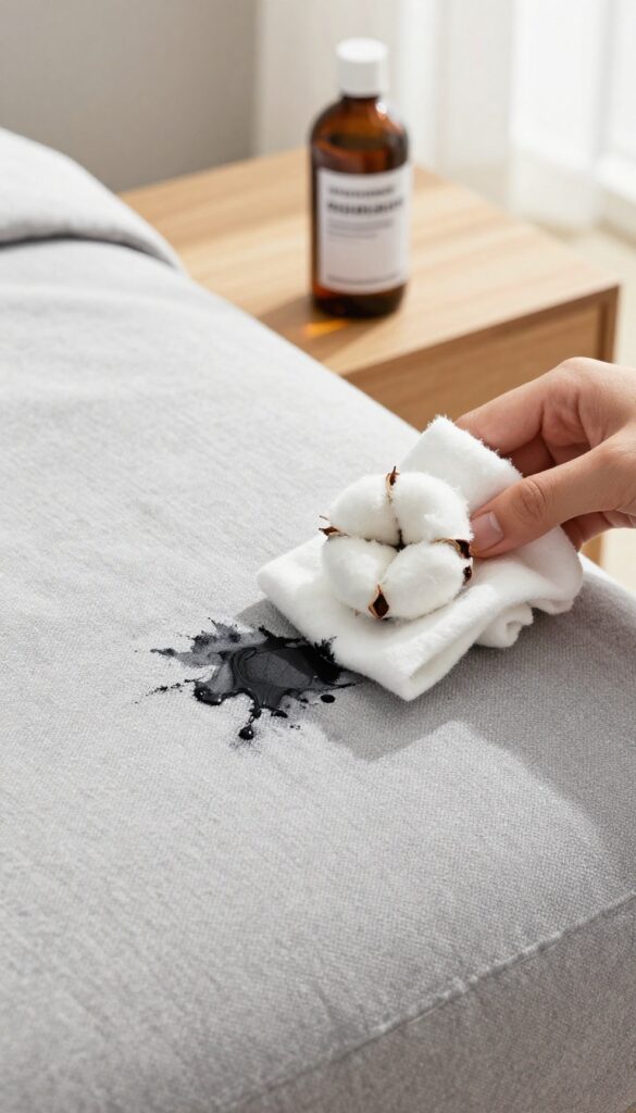 Hand blotting ink stain on microfiber couch with rubbing alcohol