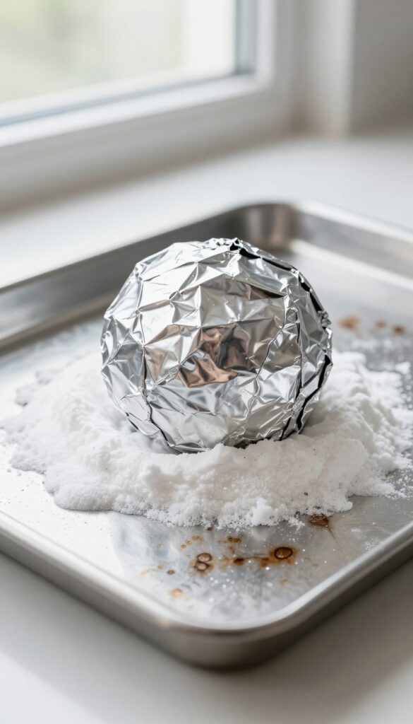 Crumpled aluminum foil with baking soda paste scrubbing burnt stains on a cookie sheet