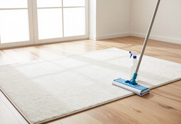 Clean hardwood floor with a spray bottle and mop in a sunlit living room