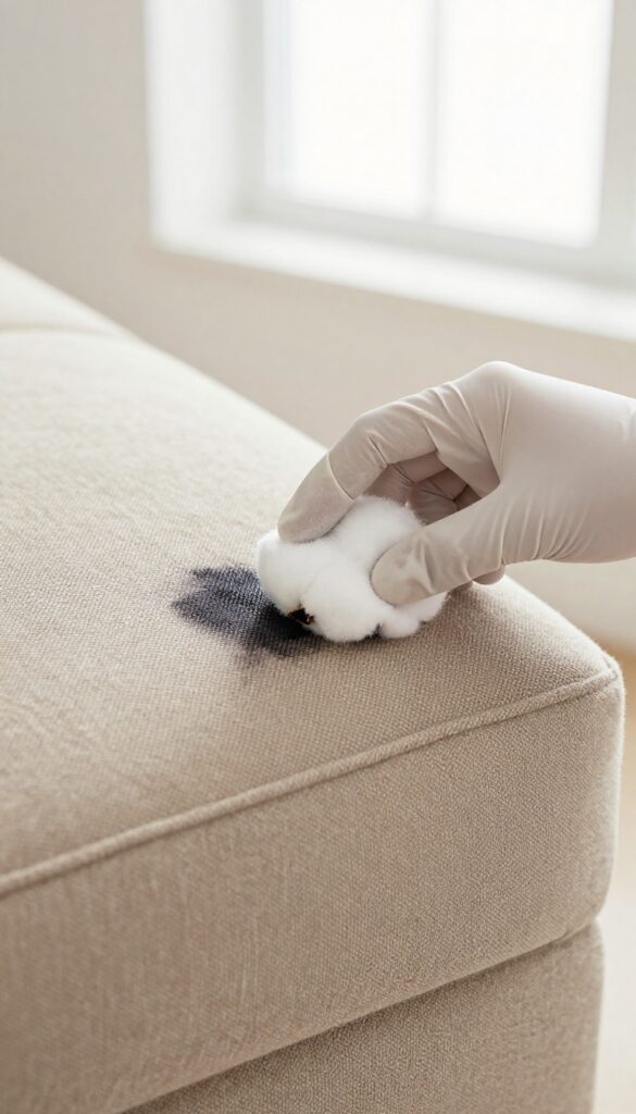 Hand dabbing ink stain on beige upholstery with rubbing alcohol and cotton ball