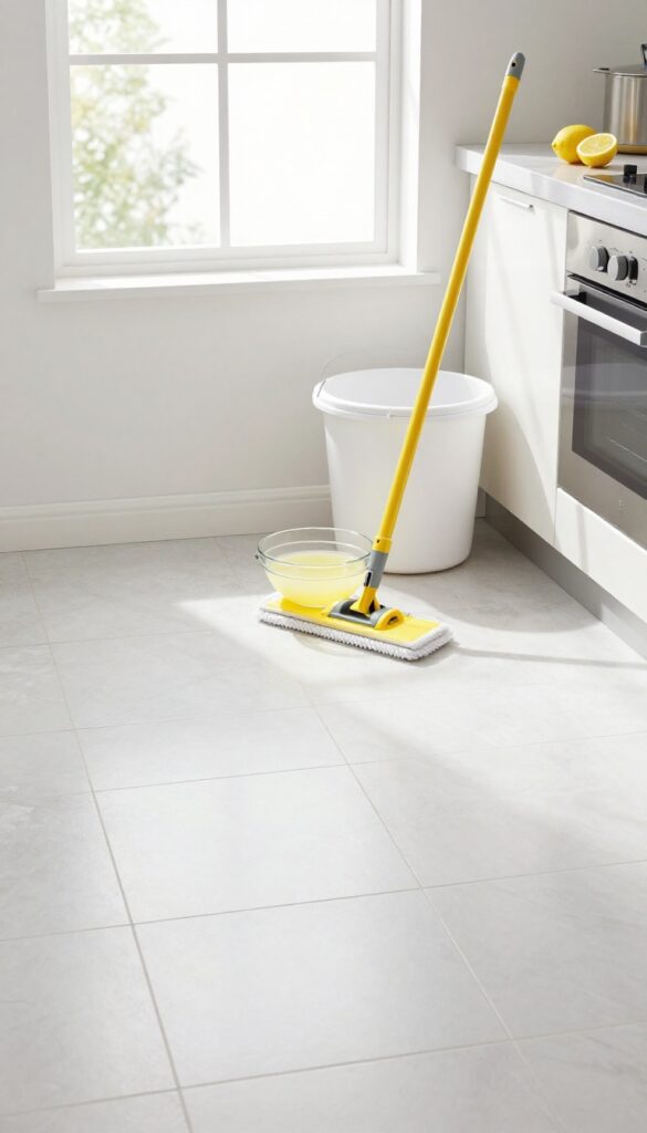 Kitchen floor cleaning with lemon juice solution, ceramic tile, mop and bucket, lemons, bright natural light