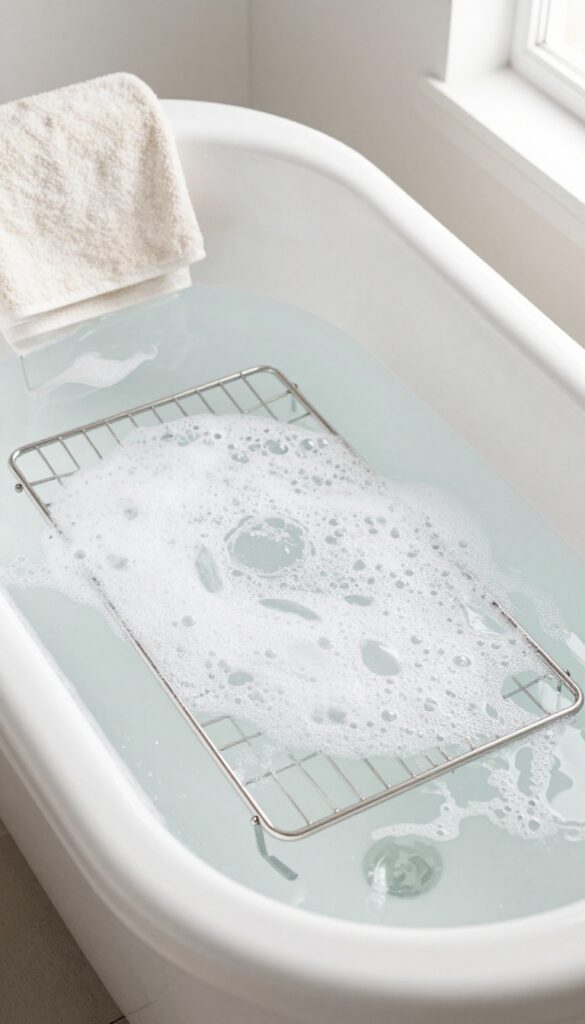 Oven racks soaking in a hot, soapy bathtub to remove grease and grime
