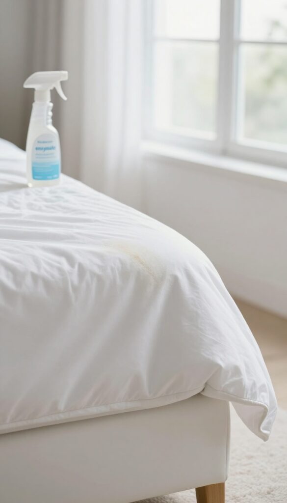 Treating a mattress stain with enzymatic cleaner in a bright bedroom