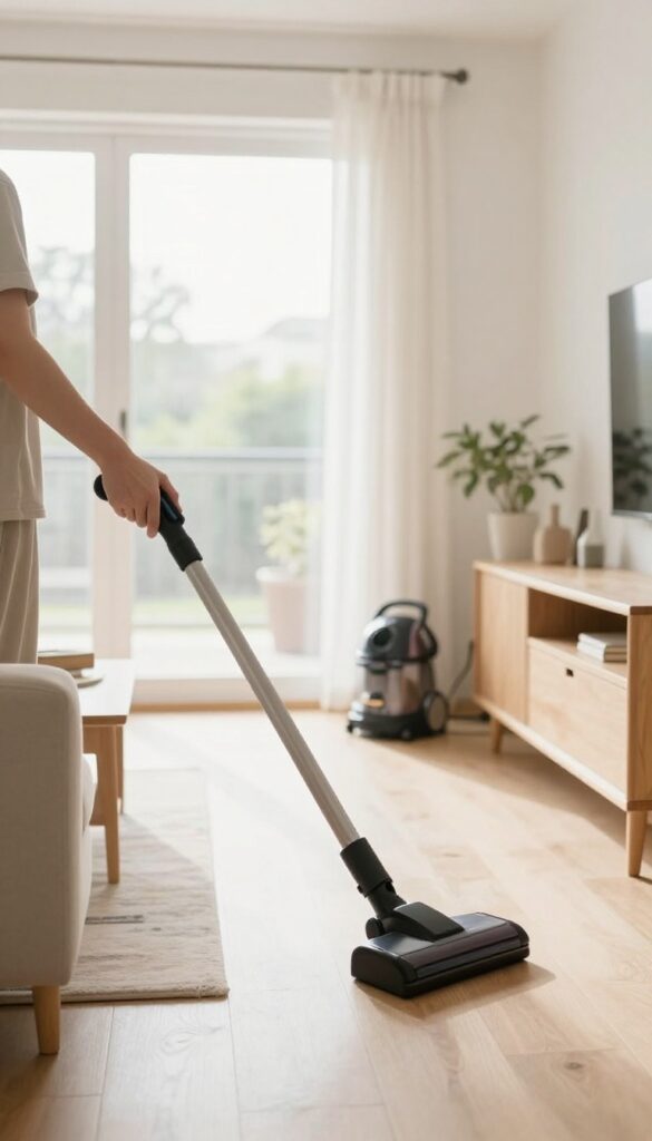 A person dusting a shelf with a vacuum cleaner nearby in a bright, clean living room.