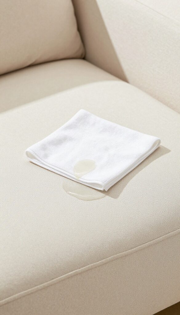 Blotting a spill on a microfiber couch with a white cloth to prevent stain spread.