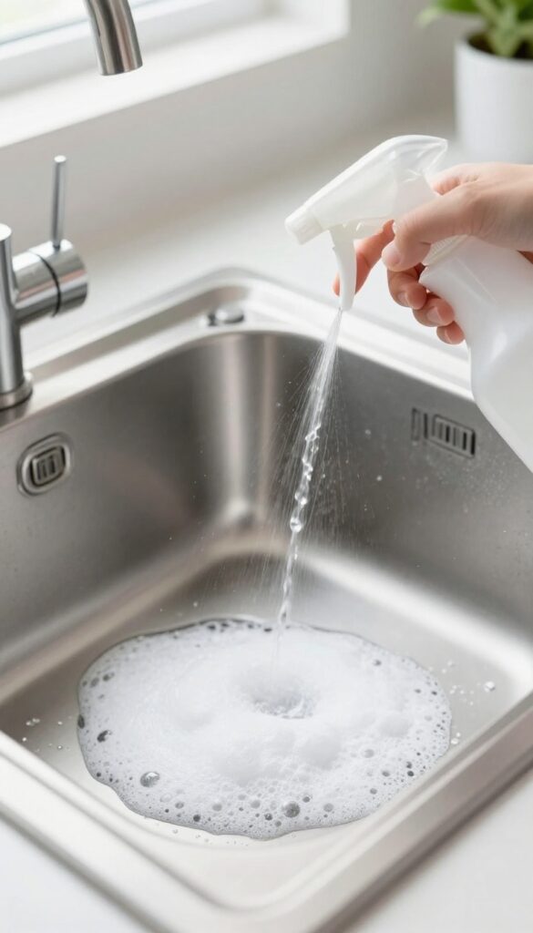 Baking soda and vinegar fizzing in a stainless steel sink for deep cleaning