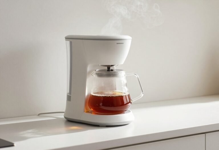 Clean coffee maker with fresh coffee in a glass carafe on a kitchen counter