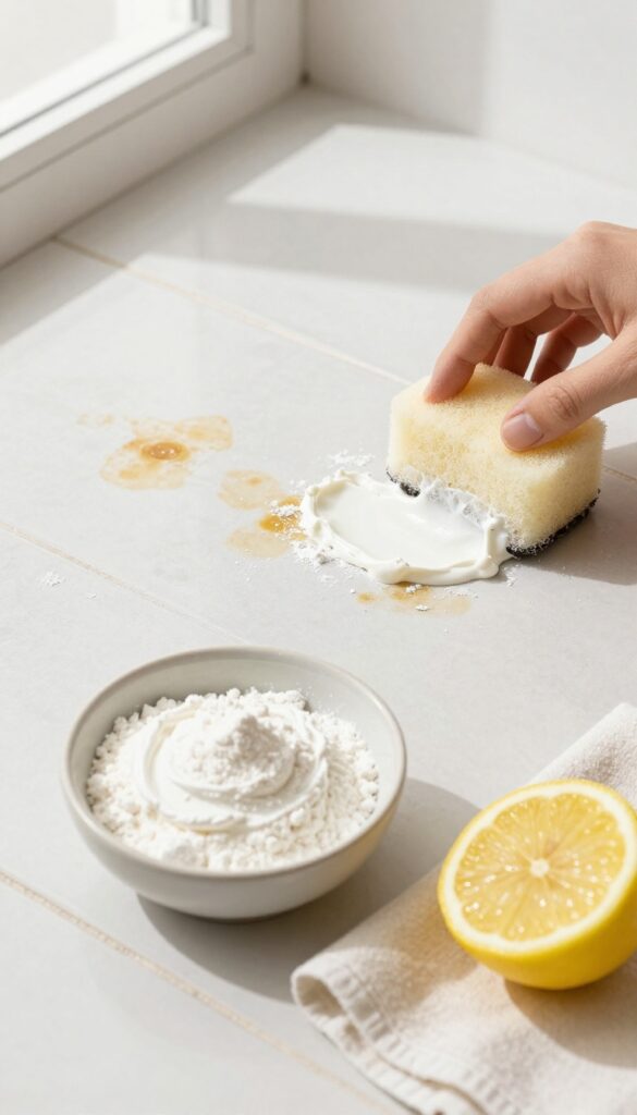 Cream of tartar and lemon juice paste being applied to a tile floor to remove aluminum oxide stains