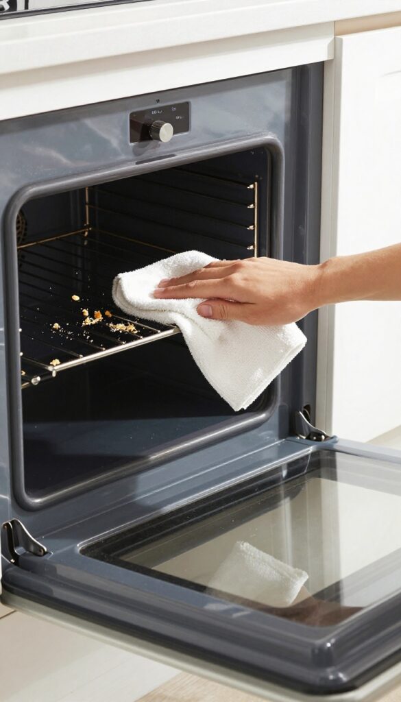 Wiping loose debris from oven interior with dry cloth