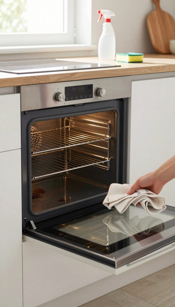 Person removing oven racks before using self-cleaning cycle