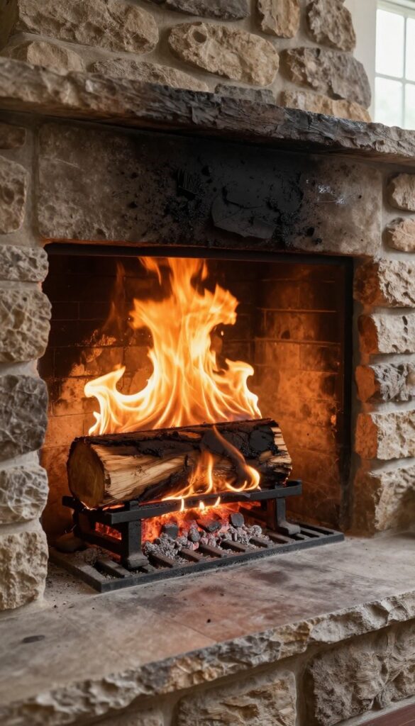 Creosote-removing log burning in a fireplace with flaky residue on the chimney walls