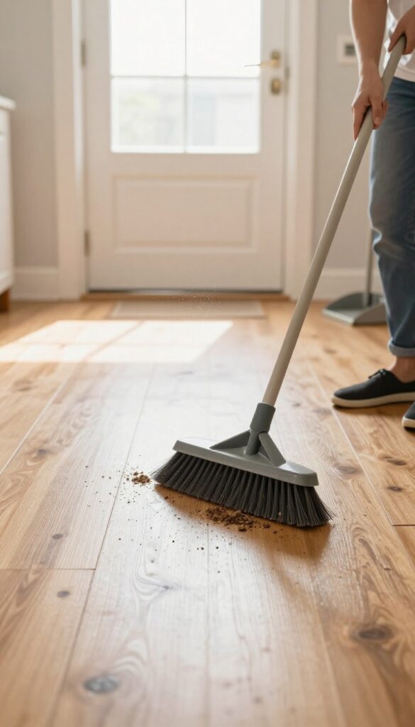 Person sweeping a wooden entryway floor with a soft-bristle broom, natural light, clean and bright home cleaning scene