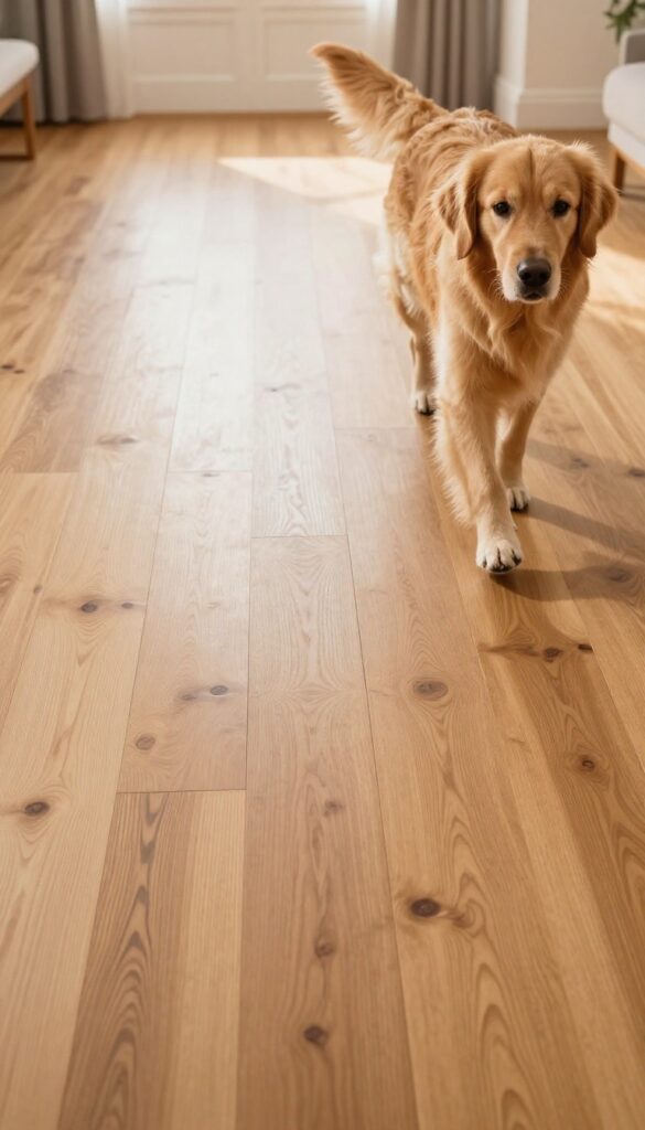 A golden retriever walking on shiny hardwood floor with trimmed nails, no scratches, bright natural light.