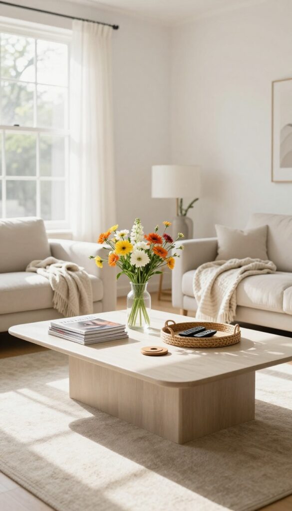 Clean living room coffee table with organized items in bright natural light