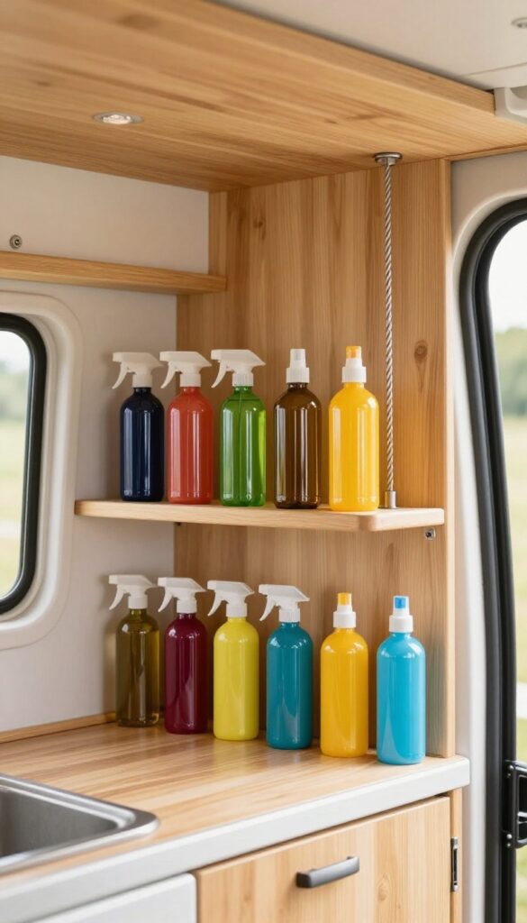Camper van cabinet with tension rod holding spray bottles and tall containers upright