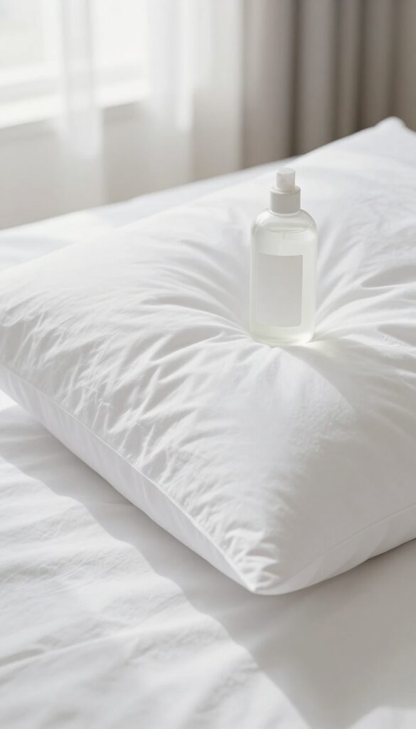 Fluffy white pillow on a clean bed with a bottle of liquid detergent beside it, bathed in soft natural light.