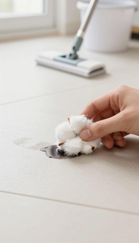 Cleaning ink stain on hard floor with rubbing alcohol and cotton ball