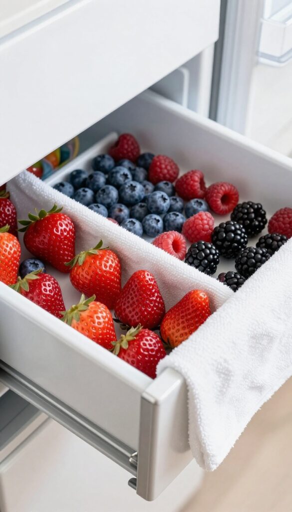 A fridge drawer lined with a towel, filled with fresh berries arranged in a single layer.