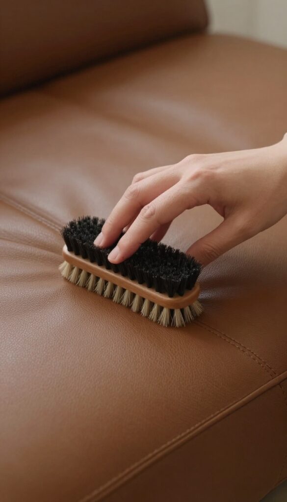 Person brushing leather couch seams with soft brush
