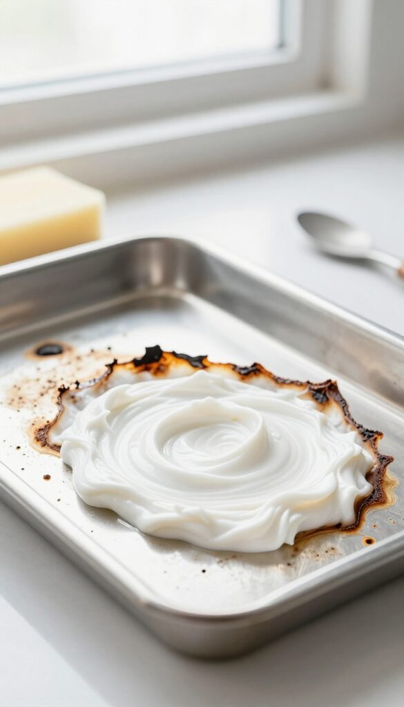Bar Keepers Friend paste on a burnt cookie sheet with a sponge nearby