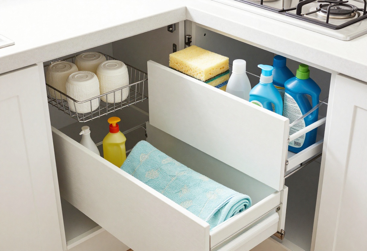 Organized under-sink cabinet with pull-out drawers and cleaning supplies