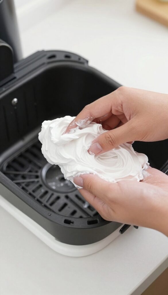 Hand applying baking soda paste to clean air fryer basket