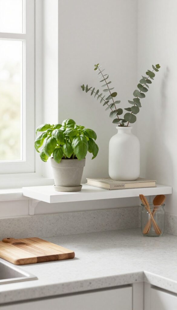 Floating shelf above kitchen counter with cookbook, plant, and vase