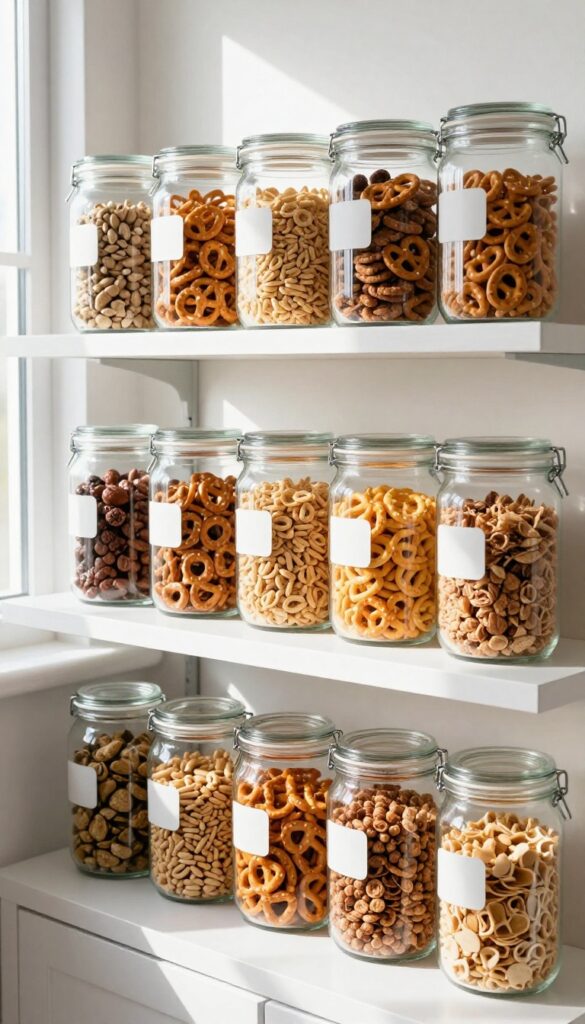 Clear jars with pour spouts storing snacks in a tidy pantry