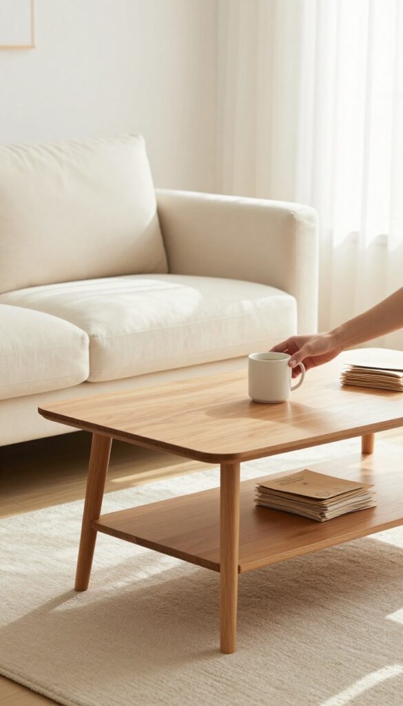 Person picking up a coffee mug from a coffee table in a bright, tidy living room, illustrating the two-minute rule for small tasks.