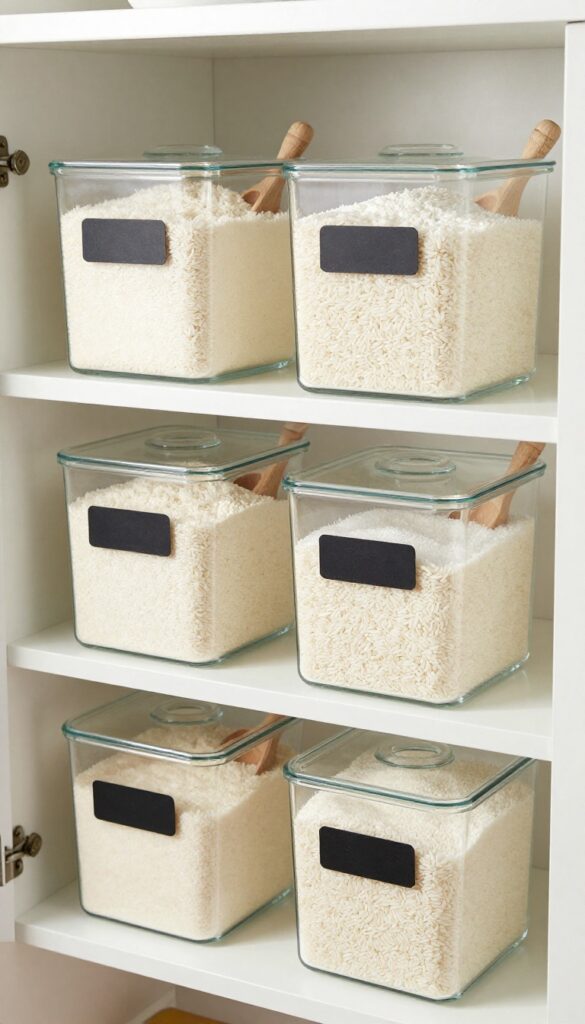 Uniform glass containers filled with rice, flour, and sugar on a pantry shelf, with chalk labels and a wooden scoop