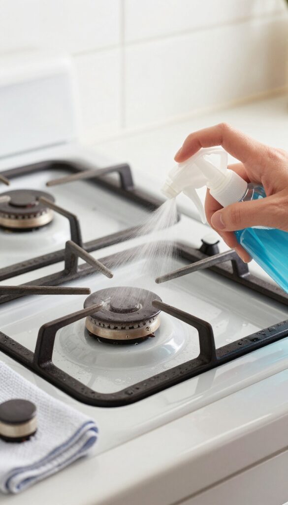 Hand spraying a gas stove grate with a homemade grease-cutting cleaner, microfiber cloth nearby.