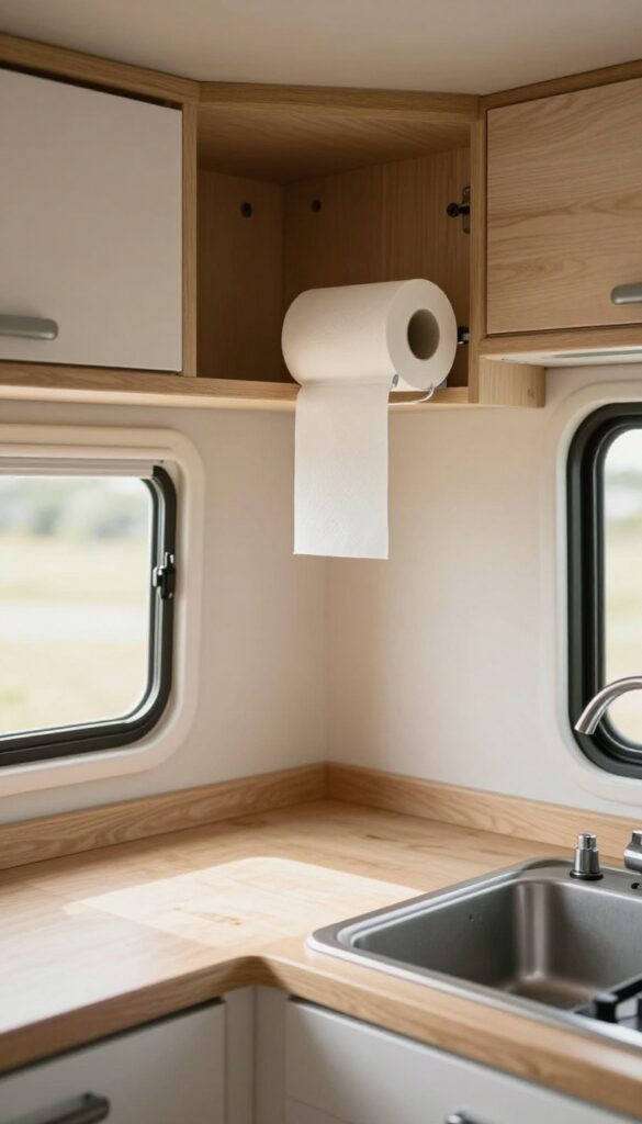 Under-cabinet paper towel holder mounted in a camper van kitchen, keeping counter space clear.
