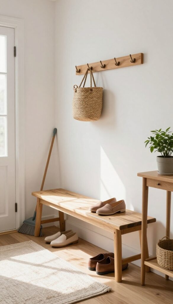 Clean and organized entryway with a broom, shoes, and a basket, ready for a quick daily sweep.
