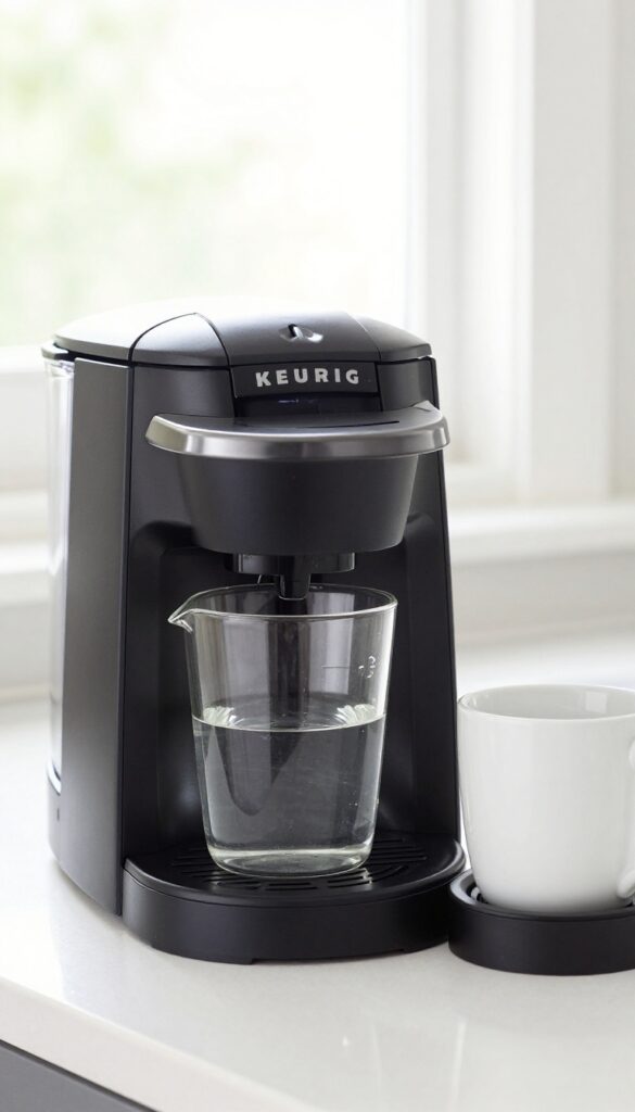 Clean Keurig on kitchen counter with water and mug ready for rinse cycle