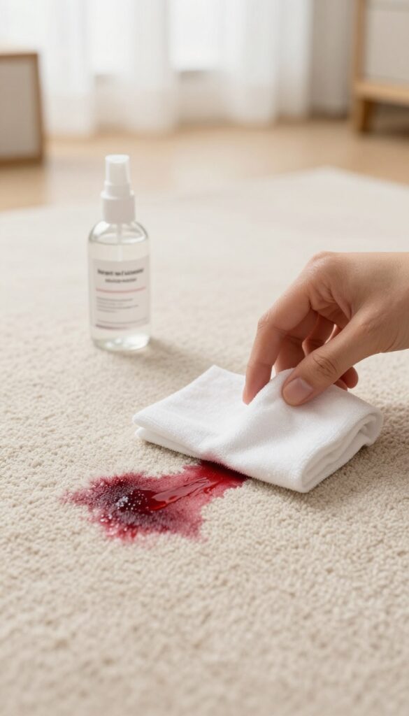 Cleaning a red wine stain on a beige carpet with a homemade solution and blotting cloth