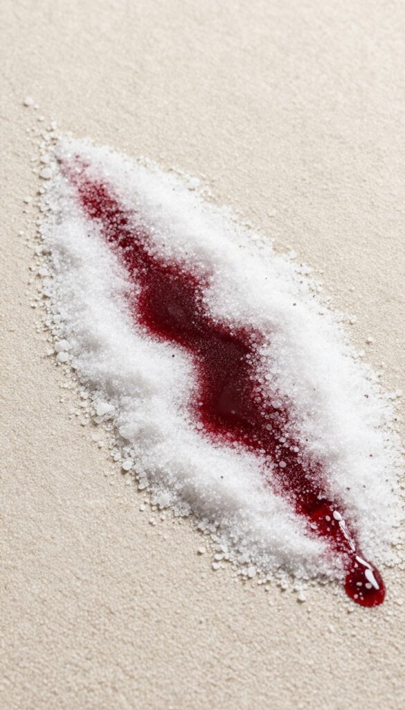 Salt being poured onto a red wine spill on a light beige carpet to absorb the stain.