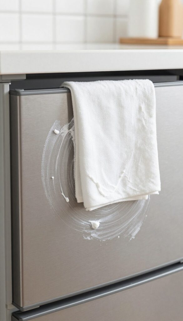 Applying baking soda paste to a stainless steel fridge to remove stains
