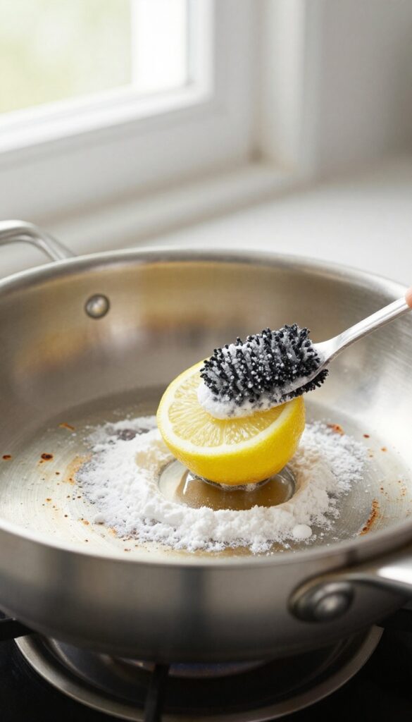 Cleaning a burnt stainless steel pan with lemon and baking soda paste, natural light, kitchen background