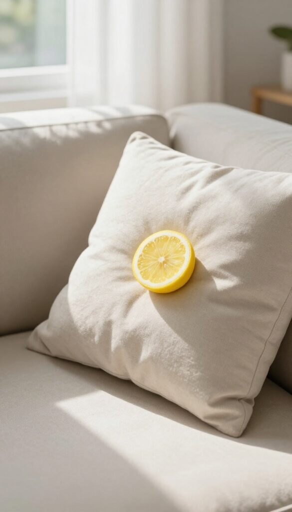 Lemon slice on a beige couch cushion near a coffee stain in bright sunlight