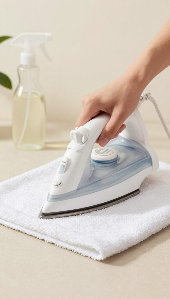 Person steam cleaning a rug with an iron and towel